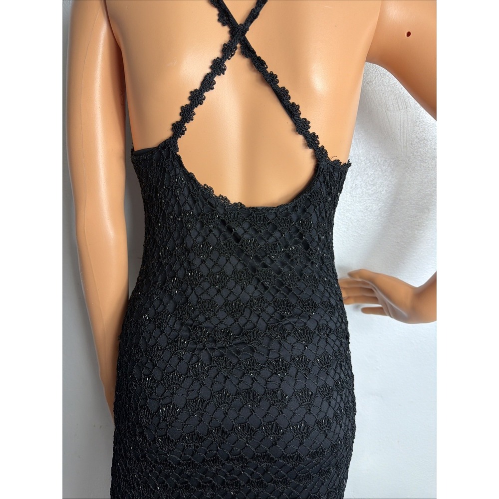 Vtg 90s Y2k Sz S/M Black Crochet Maxi Dress Beade… - image 4